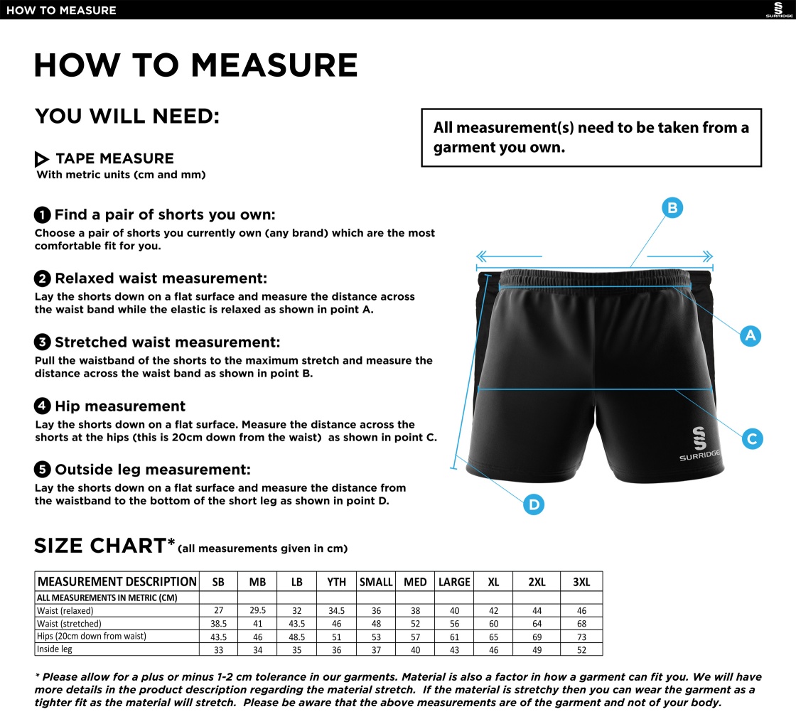 Ilkley Badminton Club - Performance Gym Short - Unisex - Size Guide
