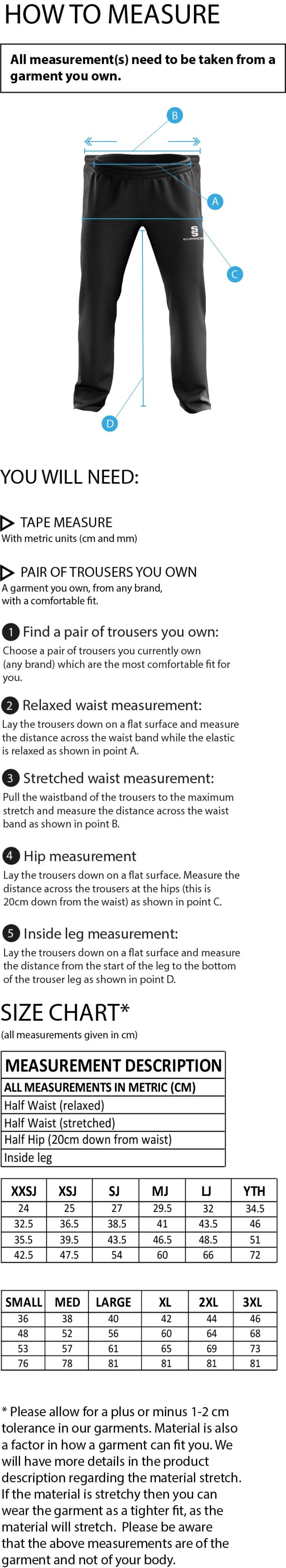 Ilkley Badminton Club - Dual Poplin Track Pant - Men's/Unisex Fit - Size Guide