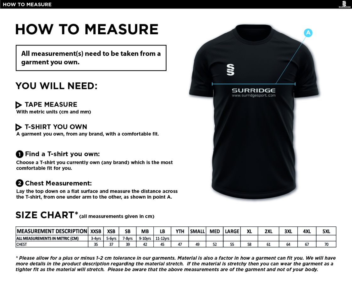 Ilkley Badminton Club - Fuse Training Shirt - Unisex - Size Guide
