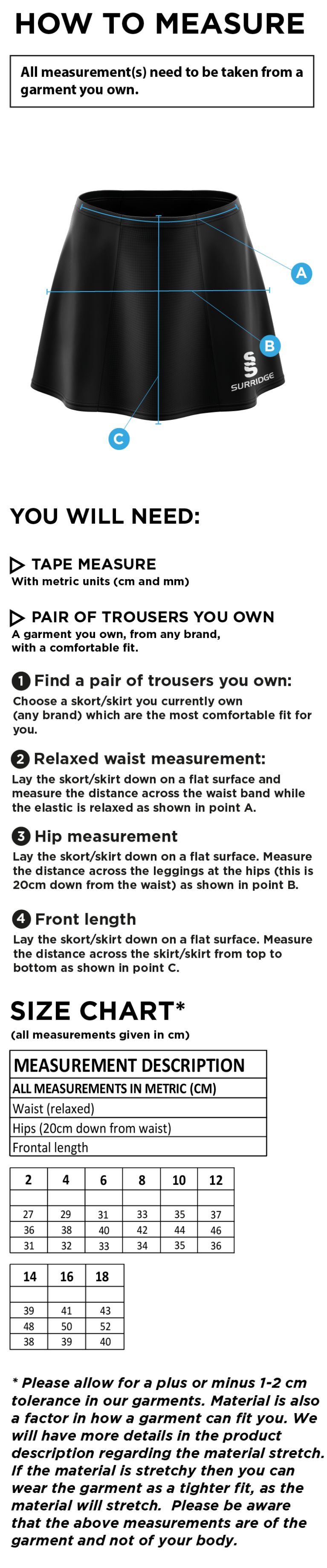 Ilkley Badminton Club - Blade Skort : Navy - Size Guide