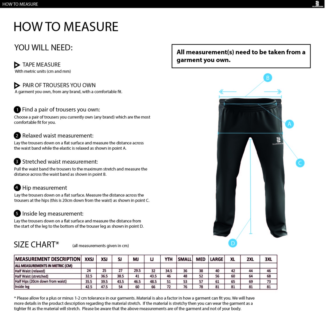 Ilkley Badminton Club - Dual Poplin Track Pant - Men's/Unisex Fit - Size Guide