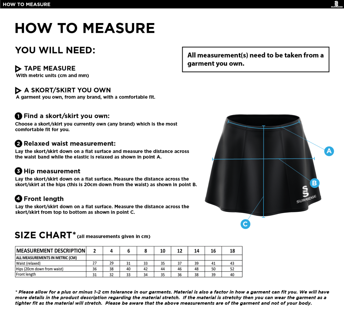 Ilkley Badminton Club - Blade Skort : Navy - Size Guide