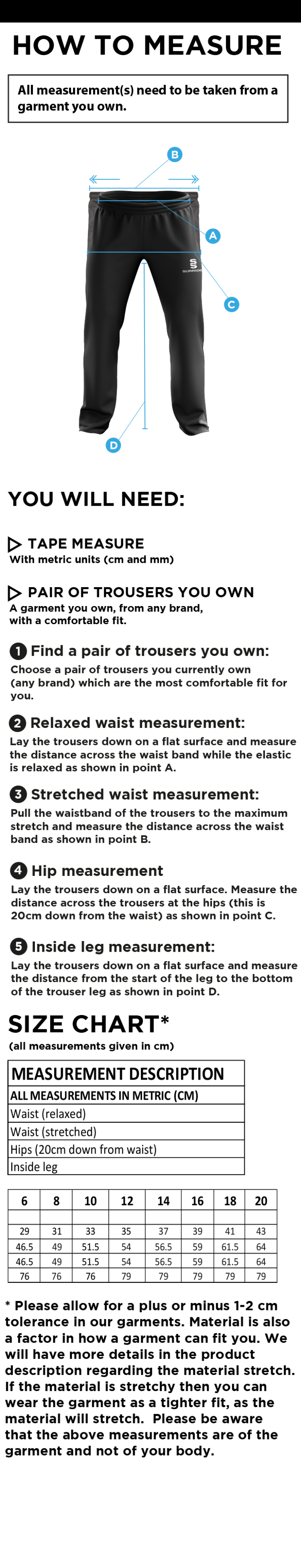 Ilkley Badminton Club - Dual Poplin Track Pant - Women's Fit - Size Guide