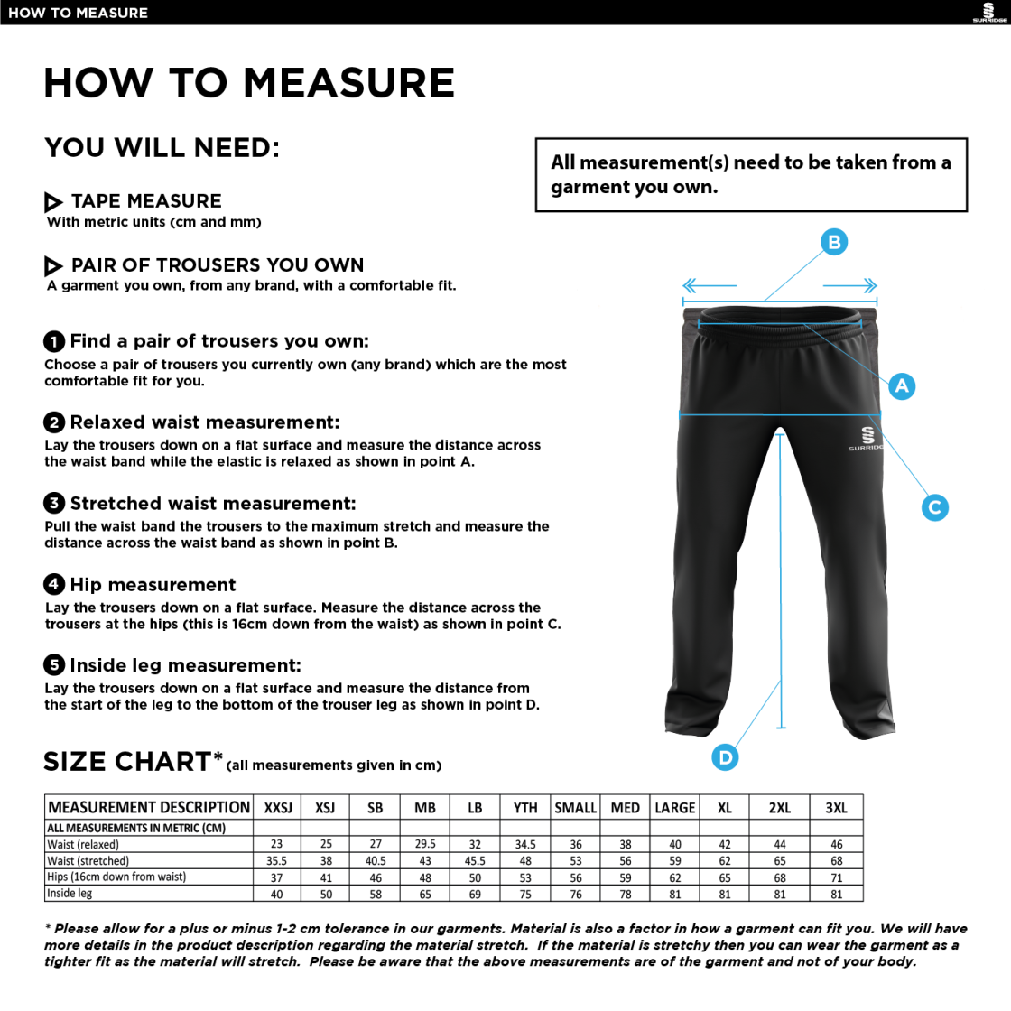 Ilkley Badminton Club - Poplin Track Pant - Men's Fit - Size Guide