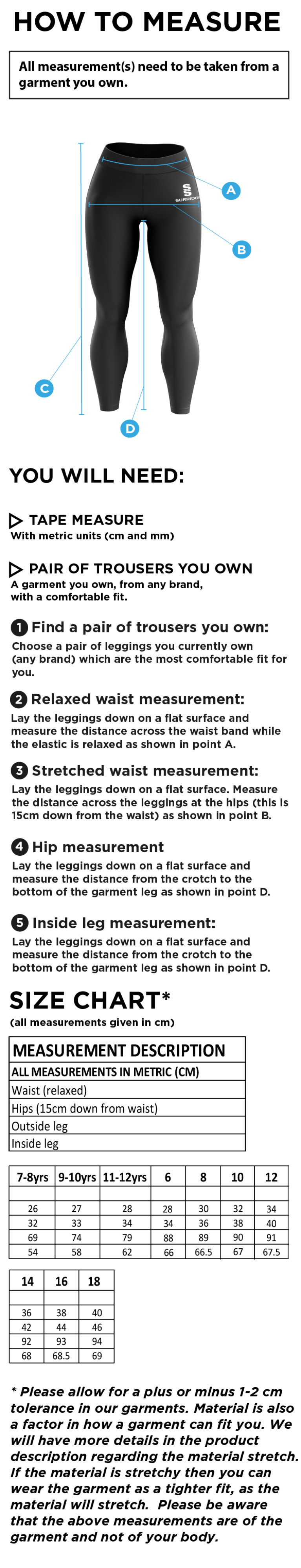 Ilkley Badminton Club - Performance Full Length Leggings : Navy - Size Guide