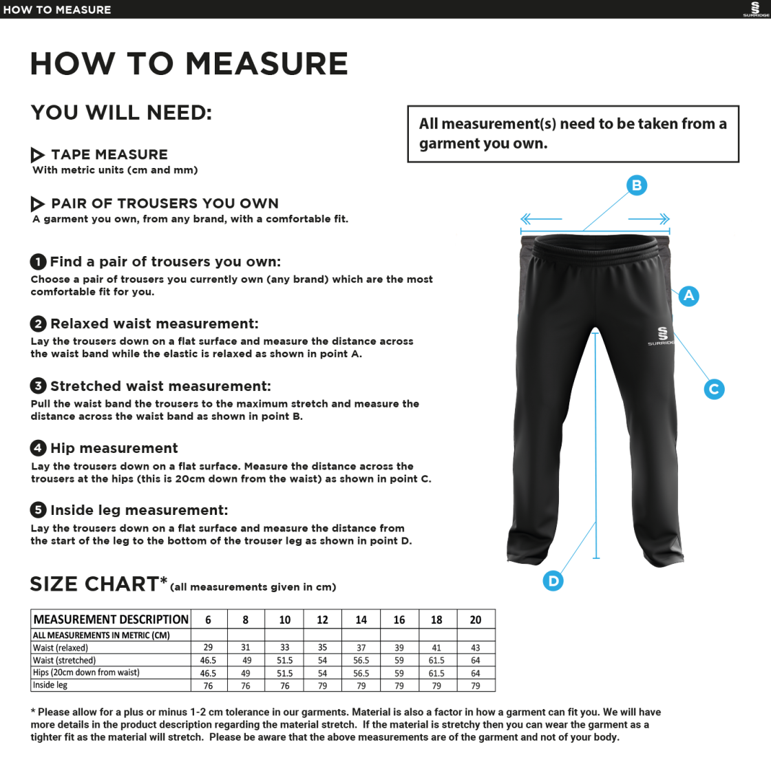 Ilkley Badminton Club - Dual Poplin Track Pant - Women's Fit - Size Guide